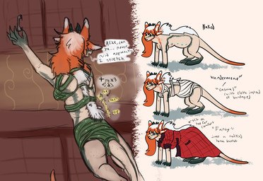 4_ears bandage belly_nipples bone breasts clothing dialogue dipstick_tail dress facial_stripes female freckles fur grey_markings hair horn looking_away mane markings mid_transformation multi_ear orange_hair reaching slow_transformation solo sound_effects standing tail tail_markings text transformation vertebrae white_markings welcometaco mythology dragon furred_dragon furred_scalie human humanoid mammal mythological_creature mythological_scalie scalie english_text