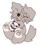 animal_plushie anthro female fur hair holding_object looking_at_viewer messy_hair multicolored_body multicolored_fur one_ear_up one_eye_closed paws raised_tail simple_background smile solo tail joycawn jam_(joycawn) canid canine canis domestic_dog mammal