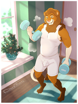 anthro athletic athletic_anthro athletic_male bottomwear bulge clothed clothing detailed_bulge dumbbell exercise feet fingers fur genital_outline genitals half-closed_eyes male mane narrowed_eyes penis penis_outline shirt shorts smile solo standing tank_top toes topwear weightlifting weights workout darkthorns felid lion mammal pantherine digital_media_(artwork) hi_res