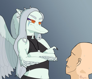 angry annoyed anthro bald biped black_bottomwear black_clothing black_crop_top black_pants black_shirt black_topwear blue_body blue_scales bone_frill bottomwear breasts claws clothed clothed_anthro clothed_female clothing collar crop_top crossed_arms duo elbow_feathers feathered_wings feathers female finger_claws fingers frill_(anatomy) frown glaring glaring_at_another gradient_background grey_background grey_body grey_feathers grey_hair hair human_on_anthro interspecies jewelry long_hair low-angle_view male male/female markings midriff narrowed_eyes navel necklace non-mammal_breasts orange_eyes pants scales shirt simple_background small_breasts spiked_collar spikes striped_markings stripes text topwear wings worried ficence cavemanon_studios goodbye_volcano_high ko_op_(game_developer) snoot_game anon_(snoot_game) fang_(gvh) human mammal prehistoric_species pterosaur reptile scalie 2024 absurd_res artist_name colored hi_res shaded