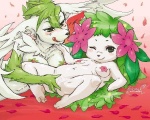 5:4 anthro blush breast_size_difference breasts duo elemental_creature female female/female fingering flora_fauna flower flower_(anatomy) generation_4_pokemon genitals head_flower knock_roman land_forme_shaymin legendary_pokemon licking licking_lips looking_at_viewer lying nintendo nipples one_eye_closed plant pokemon pokemon_(species) pussy self_lick shaymin sky_forme_shaymin tongue tongue_out uncensored vaginal vaginal_fingering