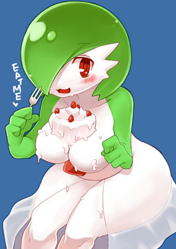 blush breasts cake clothing cutlery dessert dress female food fork heart_symbol kitchen_utensils not_furry open_mouth red_eyes simple_background solo tongue tools wide_hips fukumaaya nintendo pokemon gardevoir generation_3_pokemon mammal pokemon_(species) absurd_res hi_res