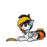 accessory anthro banana black_hair collar cutie_mark feathered_wings feathers female flower flower_in_hair folded_wings food fruit fur grey_body grey_fur hair hair_accessory looking_away lying on_front orange_hair plant simple_background sitting solo white_background wings vadytwy hasbro my_little_pony mythology mayday equid equine mammal mythological_creature mythological_equine pegasus 1:1 hi_res