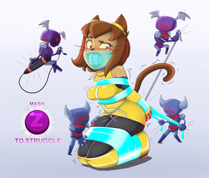 anthro bound brown_hair clothing electronics female hair microphone tail text yellow_clothing zeecibee gameoverse glitch_productions kit_bodega domestic_cat felid feline felis mammal absurd_res hi_res