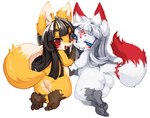 anthro black_hair blue_eyes butt duo female fluffy fluffy_ears fluffy_tail fur grin hair hand_holding hime_cut kemono looking_at_viewer looking_back looking_back_at_viewer mischievous_smile nude orange_body orange_fur paws red_eyes smile tail white_body white_fur white_hair young kishibe sakame_(ukan_muri) tsune-hime canid canine fox mammal unavailable_at_source