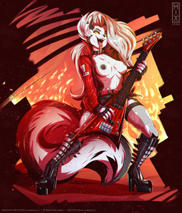 abstract_background anthro areola bass_guitar belt black_areola black_nipples black_nose boots breasts chest_tuft claws clothed clothing collar eyebrow_piercing facial_piercing female finger_claws fingerless_gloves fire fishnet_clothing fishnet_legwear footwear fur gloves guitar hair handwear high_heeled_boots high_heels jacket legwear long_hair looking_at_viewer musical_instrument nipple_piercing nipples notched_ear open_clothing open_jacket open_topwear partially_clothed piercing plucked_string_instrument red_clothing red_jacket red_sclera red_topwear shoes solo spiked_collar spikes stockings string_instrument thigh_highs tongue tongue_out tongue_piercing tongue_stud topwear torn_clothing torn_legwear tuft white_body white_fur galacticmichi hellaverse helluva_boss mythology loona_(helluva_boss) canid canid_demon canine demon hellhound mammal mythological_canine mythological_creature 2020