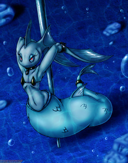 anthro bubble clothing cuff_(restraint) dancing eyelashes female fin fish_fin fish_tail glowing glowing_eyes mermaid_tail pole pole_dancing red_eyes restraints rock solo topwear viroveteruscy warning_cream_filled cheese_(viroveteruscy) fish marine 2026 absurd_res digital_media_(artwork) hi_res