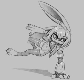 3_toes 4_fingers ahoge anthro athletic athletic_anthro athletic_female bangs bottomless bottomless_female chest_tuft claws clothed clothed_anthro clothed_female clothing cybernetic_arm cybernetic_limb eyebrows facial_tuft featureless_crotch feet female female_anthro fingers flat_chested front_view hair hand_on_ground hip_tuft jacket jacket_vest legwear long_ears navel open_mouth parkour pose shadow shirt short_hair side_bangs solo tank_top teeth_showing thigh_highs toes topwear topwear_only tuft vest w4g4 clover_(polygoncherub) lagomorph leporid mammal rabbit robot_anthro 2026 detailed digital_drawing_(artwork) digital_media_(artwork) full-length_portrait greyscale hi_res monochrome portrait sketch