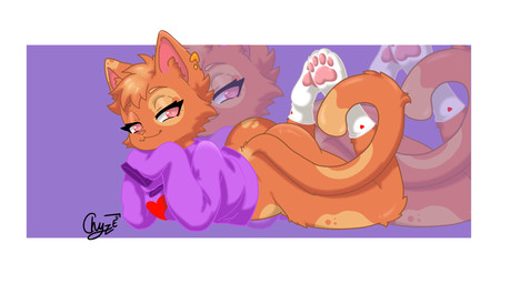 anthro border bottomless butt clothed clothing ear_piercing eyebrows eyelashes female fur hair legwear looking_at_viewer orange_body orange_fur orange_hair pawpads piercing pink_eyes smile solo stockings sweater tail text topwear white_border chyze felid feline mammal artist_name hi_res signature
