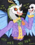 blue_body blue_feathers bone clothing facial_hair feathered_wings feathers hair horn looking_at_viewer male membrane_(anatomy) membranous_wings mismatched_wings skull smile solo text wings the1king batman_(series) dc_comics friendship_is_magic hasbro my_little_pony batman discord_(mlp) the_joker chimera draconequus crossover english_text traditional_media_(artwork)