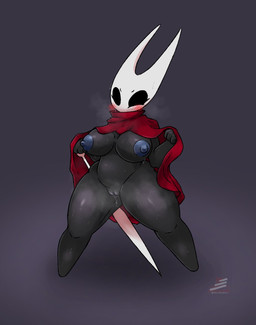 anthro areola big_breasts black_body black_eyes blue_areola blue_nipples blush blush_lines bodily_fluids breasts breath cloak cloak_only clothing empty_eyes eyelashes featureless_feet feet female genital_fluids genitals grey_background holding_object holding_weapon looking_at_viewer nipples nude red_cloak red_clothing simple_background solo sweat thick_thighs vaginal_fluids vulva weapon white_body wide_hips razgrizdl hollow_knight_(franchise) team_cherry hornet_(hollow_knight) arthropod insect hi_res