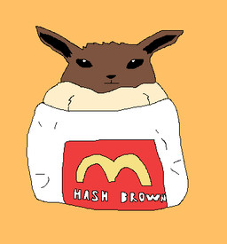 ambiguous_gender black_eyes black_inner_ear black_nose brown_body brown_fur feral fur humor mouth_closed neck_tuft orange_background simple_background solo tan_body tan_fur text tuft white_text wrapped wrapper richard_roe mcdonald's nintendo pokemon eevee generation_1_pokemon pokemon_(species) 2025 digital_media_(artwork) english_text icon low_res meme pixel_(artwork)
