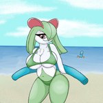 anthro anthrofied beach big_breasts bikini breasts clothing duo female green_body green_hair hair head_crest pokemorph pool_noodle sea seaside swimwear two-piece_swimsuit water white_body poraka7 nintendo pokemon generation_3_pokemon kirlia mudkip pokemon_(species) 1:1