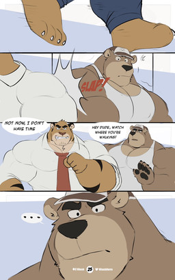 5_fingers abs angry anthro areola arm_tuft barazoku belly biceps biped black_eyebrows black_eyes black_nose bottomwear brown_body brown_fur clenched_teeth clothed clothing deltoids dialogue duo ear_markings ear_tuft ellipsis eyebrows feet fingers forearm_muscles fully_clothed fur fur_markings hat headgear headwear interspecies male markings mouth_closed multicolored_body multicolored_fur muscular muscular_anthro muscular_male necktie obliques onomatopoeia orange_body orange_fur overweight patreon_logo patreon_username pecs quads red_necktie running scarf shaking shirt simple_background slap slap_(sound_effect) sound_effects speech_bubble stocky striped_body striped_fur stripes teeth teeth_showing text toony topwear triceps tuft twitter_logo undershirt white_clothing white_shirt white_topwear vitashi patreon twitter bear felid mammal pantherine tiger ursine 2023 artist_name comic digital_media_(artwork) english_text hi_res multiple_scenes sequence signature