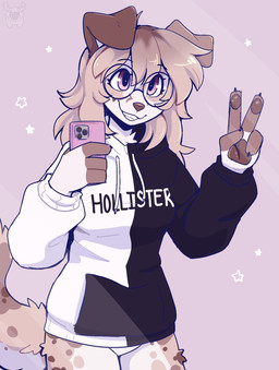 anthro bangs blonde_hair bottomless brown_markings brown_nose brown_pawpads claws clothed clothing electronics eyelashes eyewear female floppy_ears fur gesture glasses hair hand_gesture holding_object holding_phone hoodie hoodie_only long_hair markings pawpads phone pink_eyes pink_phone round_glasses simple_background smile solo spots spotted_body spotted_fur tail tan_body tan_fur topwear topwear_only v_sign wearing_glasses fleurfurr canid canine canis domestic_dog mammal cel_shading colored digital_drawing_(artwork) digital_media_(artwork) hi_res shaded