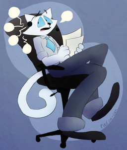 4_fingers accessory anthro big_eyes blue_clothing blue_eyes blue_necktie bottomwear calling_for_help chair clothed clothing collared_shirt complaining crossed_legs dialogue dress_shirt electronics fingers footwear fur furniture grey_bottomwear grey_clothing grey_pants grey_shirt grey_topwear headphones helping holding_object holding_paper long_legs male male_anthro necktie office office_chair office_clothing on_chair open_mouth pants paper phone phone_call shirt shoes simple_background simple_eyes sitting sitting_on_chair skinny skinny_anthro skinny_male solo speech_bubble tail talking_to_another toony topwear white_body white_fur pinkish-cat seraphim_smith_(pinkish-cat) domestic_cat felid feline felis mammal 2026 digital_media_(artwork) flat_colors hi_res