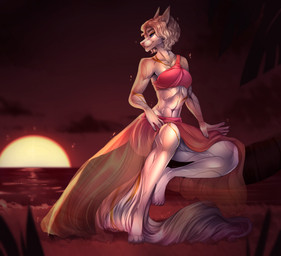 5_fingers anthro breasts day detailed_background eyebrows eyelashes female fingers hair midriff navel outside sky smile solo sunset kristiana_puff annalise_(shizuka) canid canine canis domestic_dog mammal 2020 digital_media_(artwork)