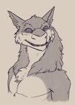 anthro biped blind chest_tuft disability front_view fur grey_background head_tuft male short_fur simple_background smile snout solo tuft ashascadence vharrus sergal 2017 digital_media_(artwork) greyscale half-length_portrait monochrome portrait