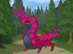 anthro blush blush_lines female forest forest_background looking_at_viewer multicolored_body nature nature_background outside plant red_body simple_background solo tree yellow_eyes luzarte nintendo pokemon arthropod generation_5_pokemon pokemon_(species) scolipede digital_media_(artwork) hi_res