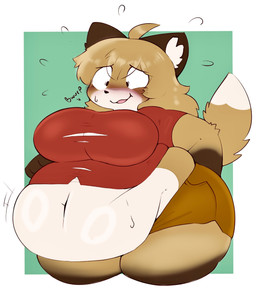 anthro belly belly_jiggle belly_overhang belly_rolls big_belly big_breasts black_eyes black_nose blush bodily_fluids border bottomwear breasts brown_body brown_fur burping clothed clothing crop_top curvy_figure deep_navel dipstick_tail eyelashes fat_rolls female fur glistening glistening_belly glistening_body glistening_hair hair hand_behind_back huge_belly inner_ear_fluff jiggling long_hair love_handles markings midriff motion_lines multicolored_body multicolored_fur navel no_pupils open_mouth overweight overweight_anthro overweight_female red_clothing shirt shorts solo standing surprised sweat tail tail_markings tan_body tan_fur thick_thighs tight_clothing topwear torn_clothing torn_topwear tuft white_body white_border white_fur wide_hips inazuma_kat fujiko_(inazuma_kat) canid canine fox mammal 2024 digital_media_(artwork) hi_res