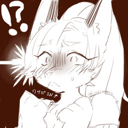 anthro blush bodily_fluids breasts brown_background cleavage clothed clothing dipstick_ears directional_arrow ear_markings eyelashes female fist frown fur furrowed_eyebrows hair hair_over_eye inner_ear_fluff interrobang kemono multicolored_ears nervous nervous_sweat shocked simple_background solo sweat sweatdrop sweaty_face text tuft twitter_handle kinokoningen kitsune_no_oneesan_(kinokoningen) canid canine fox mammal 1:1 2017 artist_name bust_portrait digital_drawing_(artwork) digital_media_(artwork) english_text icon japanese_text monochrome portrait signature sketch translation_request