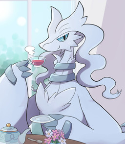 4_fingers ambiguous_gender anthro beverage blue_eyes cheek_tuft container cup day facial_tuft fingers flower furniture holding_container holding_cup holding_object holding_plate inside plant plate smile solo table tea tea_cup tuft komanyachi nintendo pokemon generation_5_pokemon legendary_pokemon pokemon_(species) reshiram colored digital_drawing_(artwork) digital_media_(artwork) shaded