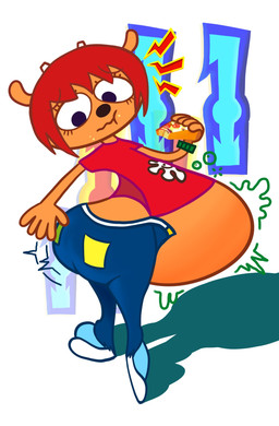 anthro belly big_belly big_butt butt clothing female hair huge_belly overweight overweight_anthro overweight_female red_clothing red_hair red_shirt red_topwear shirt solo topwear biddybrother parappa_the_rapper sony_corporation sony_interactive_entertainment um_jammer_lammy lammy_lamb bovid caprine mammal sheep 2025 hi_res