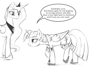 duo feathered_wings feathers female feral horn text wings silfoe friendship_is_magic hasbro my_little_pony mythology princess_luna_(mlp) twilight_sparkle_(mlp) equid equine mammal mythological_creature mythological_equine winged_unicorn 2015 5:4 english_text hi_res monochrome