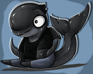 anthro big_eyes black_body black_clothing black_shirt black_t-shirt black_tail black_topwear bottomwear chibi clothed clothing denim denim_bottomwear denim_clothing forked_tail glistening glistening_body grey_bottomwear grey_clothing jeans male pants shirt simple_background sitting solo t-shirt tail topwear unusual_anatomy unusual_tail swampjaws andy_(imperatorcaesar) aquatic cetacean dolphin mammal oceanic_dolphin pilot_whale toothed_whale