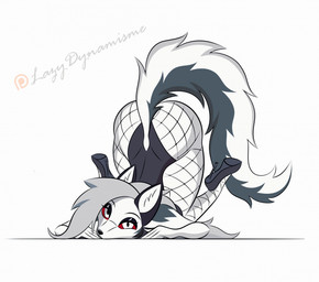 anthro ass_up black_nose butt clothing female fishnet_clothing footwear fur grey_body grey_fur grey_tail high_heels multicolored_body multicolored_fur red_sclera shoes solo tail two_tone_tail white_body white_eyes white_fur white_tail lazydynamisme hellaverse helluva_boss mythology loona_(helluva_boss) canid canid_demon canine demon hellhound mammal mythological_canine mythological_creature hi_res