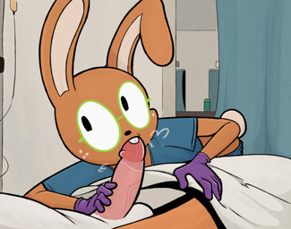 anthro bed big_ears blue_bottomwear blue_clothing blue_pants blue_shirt blue_topwear bottomwear bottomwear_down buckteeth cartoon_freckles clothed clothing cotton_tail duo eyewear fellatio female freckled_face freckles fur furniture genitals glasses gloves green_eyewear green_glasses handwear hospital hospital_bed humanoid_genitalia humanoid_penis iv_bag latex latex_clothing latex_gloves latex_handwear looking_at_another male male/female medical_gloves nurse oral orange_body orange_fur pants pants_down partially_clothed penile penis penis_in_mouth public public_sex purple_clothing purple_gloves purple_handwear round_glasses scrubs sex shirt short_tail tail teeth topwear unprofessional_behavior wearing_glasses white_body white_fur white_tail mrdegradation lagomorph leporid mammal rabbit digital_drawing_(artwork) digital_media_(artwork) hi_res