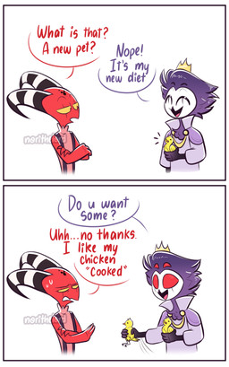 2_panel_comic anthro blue_clothing blue_shirt blue_topwear bodily_fluids clothing crossed_arms dialogue duo empty_eyes eyes_closed feather_hair feathers feral forehead_tattoo grey_body grey_feathers horn male open_mouth open_smile pink_clothing pink_shirt pink_topwear pseudo_hair red_body red_eyes red_skin shirt sleeveless_shirt smile striped_horn stripes sweat text topwear white_face yellow_body yellow_feathers yellow_sclera norithelord hellaverse helluva_boss blitzo_(helluva_boss) stolas_(helluva_boss) avian avian_demon bird demon humanoid imp owl owl_demon 2022 comic english_text hi_res