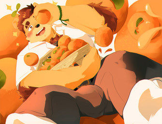 anthro belt black_bottomwear black_clothing black_pants blush bottomwear box bracelet brown_hair chest_tuft clothing container crate eyebrow_slit eyebrows food footwear fruit fur green_bracelet hair holding_box holding_container holding_crate holding_object jewelry leaf male orange_(fruit) orange_body orange_fur pants plant shirt smile socks solo sparkles topwear tuft white_clothing white_footwear white_shirt white_socks white_topwear vinpq gobert_krasimir bear mammal ursine 2022 hi_res