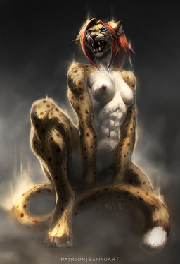 abs anthro areola blue_eyes breasts claws crouching dipstick_tail female fur hair markings muscular muscular_anthro muscular_female nipples nude nude_anthro nude_female paws red_hair snarling solo spots tail tail_markings tan_body tan_fur teeth text toe_claws whiskers white_body white_fur safiru roguekitty cheetah felid feline mammal 2025 artist_name digital_media_(artwork) hi_res