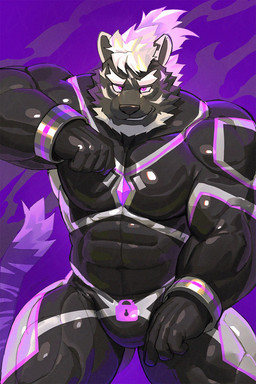 abs anthro barazoku beard bracelet clothing facial_hair hair jewelry latex latex_clothing latex_skinsuit lock_bulge lock_symbol looking_at_viewer male markings muscular muscular_arms muscular_legs muscular_male navel null_bulge pecs purple_eyes skinsuit smile solo stripes tail tight_clothing uriex felid mammal pantherine tiger 2:3 hi_res