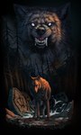 2023 absurd_res canid canine canis detailed_background digital_media_(artwork) duo feral forest grass headshot_portrait hi_res looking_at_viewer mammal night outside plant portrait teeth tree wolf wolfroad