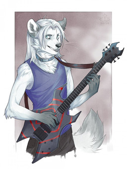 anthro clothed clothing collar electric_guitar fangs guitar holding_musical_instrument holding_object looking_at_viewer male musical_instrument playing_guitar playing_music plucked_string_instrument simple_background solo string_instrument teeth diesel_wiesel canid canine fox mammal 3:4 hi_res