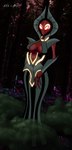 3_fingers big_breasts breasts clothed clothing dress female fingers fog forest glowing glowing_eyes glowing_markings green_body markings night not_furry plant red_body red_eyes solo thick_thighs tree nikku_lunatique flatwoods_monster alien humanoid absurd_res hi_res