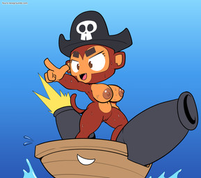 anthro boat breasts female genitals gesture hand_gesture nipples pointing ranged_weapon shortstack solo vehicle vulva watercraft weapon wet fourssss bloons_tower_defense ninja_kiwi monkey_buccaneer_(bloons) haplorhine mammal monkey primate hi_res