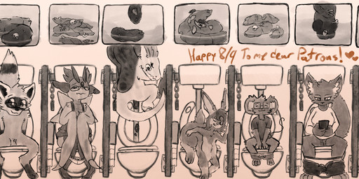 anthro bathroom bone bones_in_feces disposal electronics eyebrows eyewear eyewear_on_head featureless_crotch feces female fur genitals glasses goggles goggles_on_head group happy holding_object holding_phone horn male phone pooping public_restroom restroom_stall simple_background sitting skull smile tail text toilet vulva wearing_goggles scottglass mythology canid canine dragon lagomorph leporid mammal mouse murid murine mythological_creature mythological_scalie procyonid rabbit raccoon rodent scalie taur absurd_res hi_res
