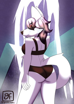anthro black_clothing black_hair bottomwear breasts butt butt_pose clothing eyelashes female fur grey_body grey_fur grey_hair hair plant pose red_eyes solo tail topwear underwear white_body white_fur white_hair white_tail gamesfan canid canine canis mammal wolf absurd_res hi_res signature