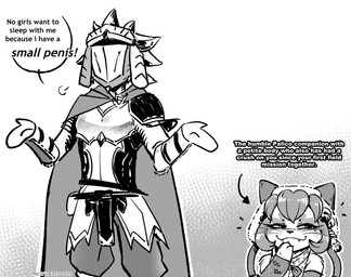accessory ambiguous_gender anthro armor armor_(mh) bell biped cape closed_smile clothed clothing dialogue duo fangs front_view hair hair_accessory headgear helmet larger_human larger_male looking_aside male mouth_closed rathalos_armor short_hair simple_background size_difference smaller_ambiguous smaller_anthro smile standing teeth text whiskers canisfidelis capcom monster_hunter felid felyne human lynian mammal palico 2025 english_text hi_res monochrome
