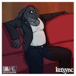 anthro anthrofied clothed clothing hair jacket leather leather_clothing leather_jacket leather_topwear long_hair male muscular muscular_male pecs shirt solo tank_top topwear kersync godzilla_(series) toho godzilla goji_(kersync) hybrid kaiju monster hi_res