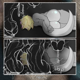 age_difference anthro balls big_balls big_butt big_penis blonde_hair bodily_fluids butt claws cum cum_drip dripping duo fur genital_fluids genitals grey_body grey_ears grey_fur grey_tail hair highlights_(coloring) huge_penis lying male male/male multicolored_hair nude on_side onomatopoeia otter_tail penis pink_hair precum precum_drip rear_view solo sound_effects standing tail tears teeth text thick_thighs three-quarter_view tongue two_tone_hair two_tone_tail vein walking white_claws young young_anthro young_male younger_male dasherslash andy_(dasherslash) mammal mustelid otter 1:1 2026 comic digital_media_(artwork) hi_res
