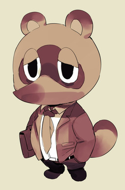 anthro bottomwear brown_body brown_fur chibi clothing fur kemono male necktie pants shirt simple_background slightly_chubby solo topwear masshiro animal_crossing nintendo tom_nook_(animal_crossing) canid canine mammal raccoon_dog tanuki 2020