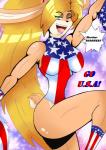 anthro big_breasts blonde_hair blue_eyes breasts cheerleader clothing female green_eyes hair holidays legwear leotard long_ears long_hair nipples nude one_eye_closed open_mouth pom_poms pose raised_arm small_waist solo stars_&_stripes text tight_clothing usa_themed dandabar 4th_of_july thrill_seekers_(copyright) betty_hare lagomorph leporid mammal rabbit english_text hi_res