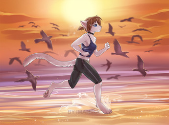 5_fingers anthro athletic athletic_anthro athletic_female beach blue_eyes breasts brown_hair clothed clothing day detailed_background digitigrade female fingers hair outside pawpads running sand sea seaside sky solo sun water imanika domestic_cat felid feline felis mammal digital_media_(artwork) shaded