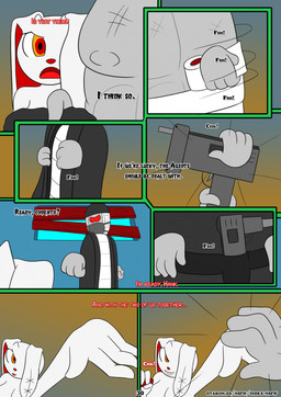 abs anthro bandage bandaged_head belt black_clothing black_coat black_topwear boarded_window body_wraps breasts clothed clothing coat dialogue doll duo eyewear female floating_hands fur glasses grey_body grey_skin gun hand_holding hat headgear headwear holding_object holding_ranged_weapon holding_weapon holster holstered_weapon horn kerchief male male/female mask multicolored_eyes open_clothing open_coat open_mouth open_topwear ranged_weapon red_eyes red_eyewear red_glasses red_inner_ear red_nose stitch_(sewing) submachine_gun sunglasses text tongue toothy_smile topwear trenchcoat uzi weapon white_body white_fur wraps yellow_eyes otakon_(artist) 2spot_studio bloody_bunny_(series) madness_combat bloody_bunny hank_j._wimbleton animate_inanimate lagomorph leporid living_doll mammal nevadean_(madness_combat) rabbit comic digital_media_(artwork) english_text hi_res spanish_text