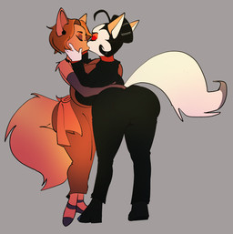 anthro big_breasts big_tail breast_squish breasts clothing curvy_figure dipstick_tail dress duo female female/female hair hand_on_face hand_on_head hand_on_hip huge_breasts huge_tail kiss_on_lips making_out markings rear_view squish standing tail tail_markings voluptuous voluptuous_anthro klacket lackadaisy mitzi_may serafine_savoy domestic_cat felid feline felis mammal hi_res