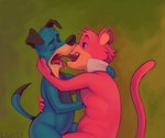 anthro bodily_fluids canid canine canis cougar domestic_dog duo eyes_closed felid feline french_kissing hanna-barbera huckleberry_hound kissing liori male male/male mammal saliva snagglepuss snagglepuss_(series) the_huckleberry_hound_show tongue